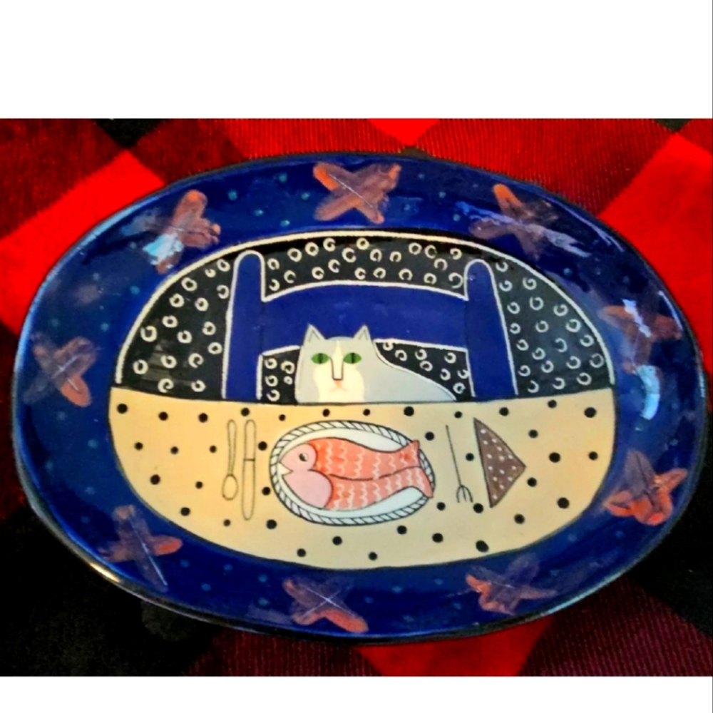 Solveig Cox Whimsical Cat With Fish Pottery Bowl Platter Signed